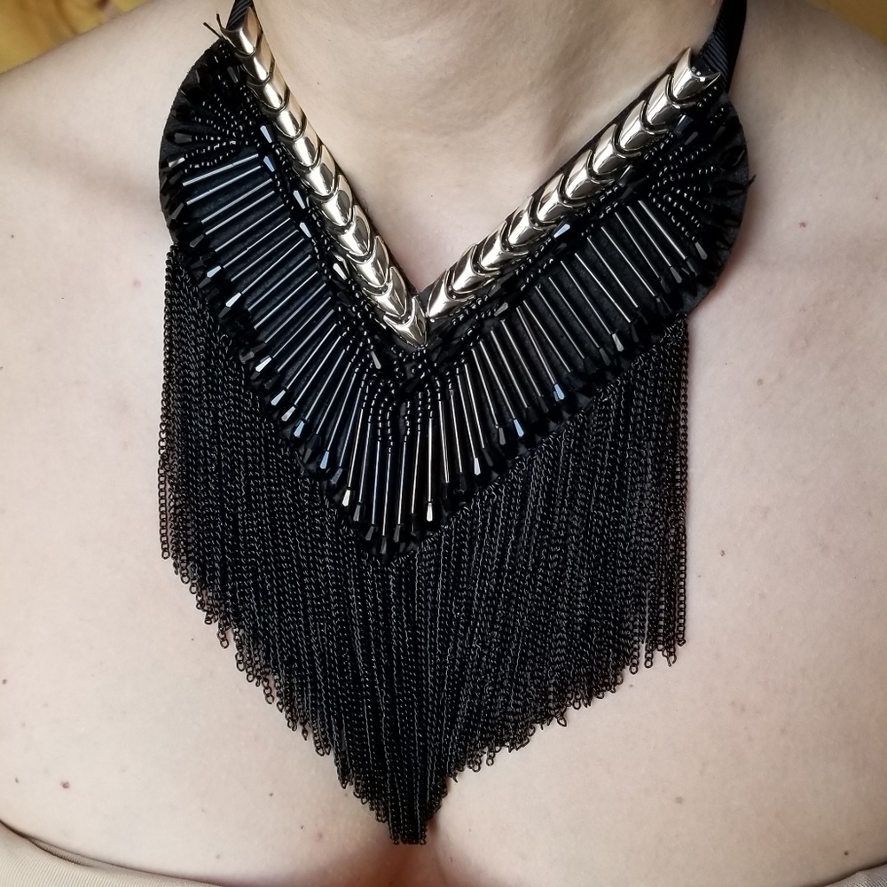 Black V Tassel, Statement, Metal Multi Strand Neck
